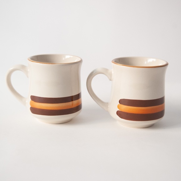 ▫️Vtg 70s Stoneware Striped Cream and Brown Mugs - Picture 4 of 8
